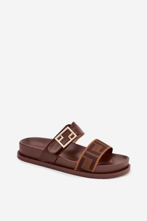 Pantofole da donna con fibbie dorate, colore marrone