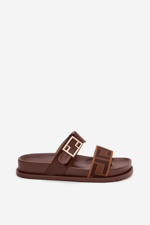 Pantofole da donna con fibbie dorate, colore marrone