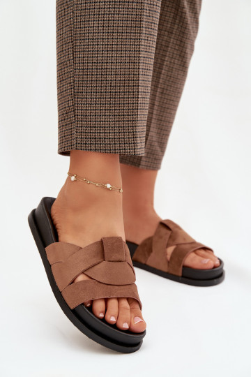 Pantofole da donna in ecopelle scamosciataoAe con strisce colore marrone Deverivessa 2