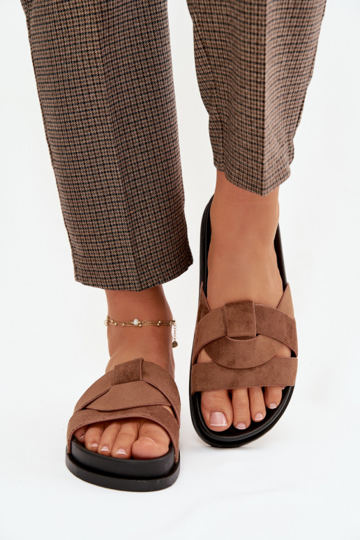 Pantofole da donna in ecopelle scamosciataoAe con strisce colore marrone Deverivessa