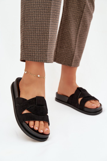 Pantofole da donna in ecopelle scamosciataoAe con strisce colore nero Deverivessa