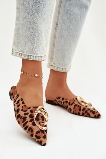 Pantofole da donna Mule Con decorazioni colore doratom Detalem con motivi di pelliccia di leopardo Galvella