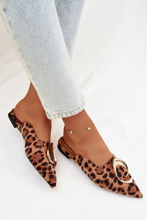 Pantofole da donna Mule Con decorazioni colore doratom Detalem con motivi di pelliccia di leopardo Galvella