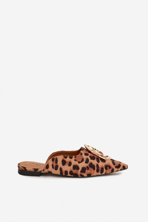 Pantofole da donna Mule Con decorazioni colore doratom Detalem con motivi di pelliccia di leopardo Galvella