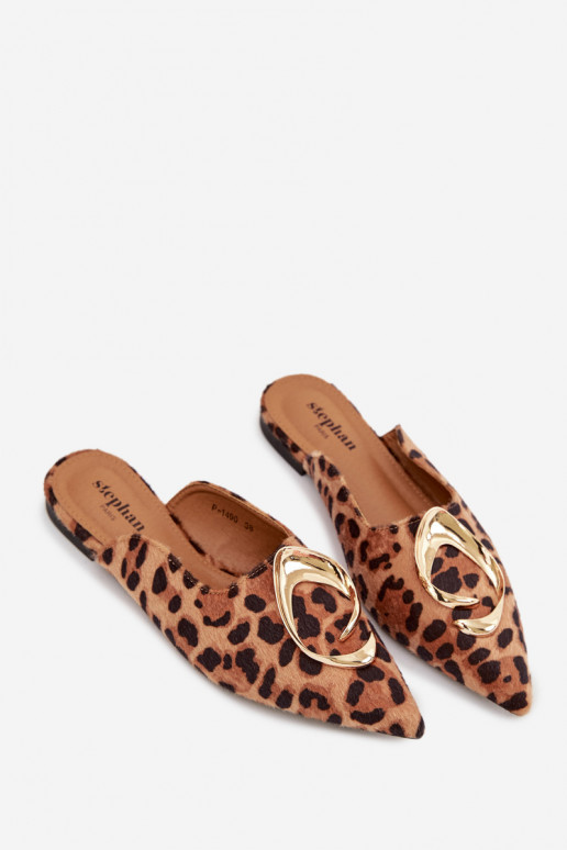 Pantofole da donna Mule Con decorazioni colore doratom Detalem con motivi di pelliccia di leopardo Galvella