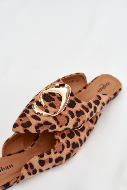 Pantofole da donna Mule Con decorazioni colore doratom Detalem con motivi di pelliccia di leopardo Galvella