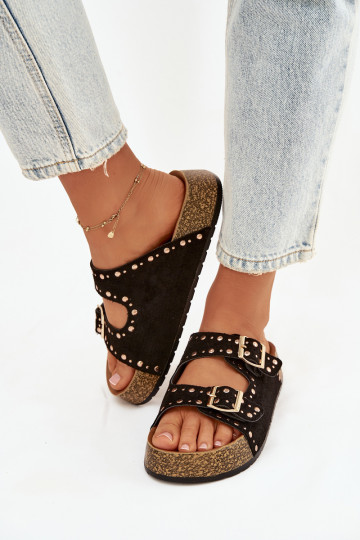 Pantofole da donna Ze colore doratomi con fibbiemi E borchie colore nero Tervina