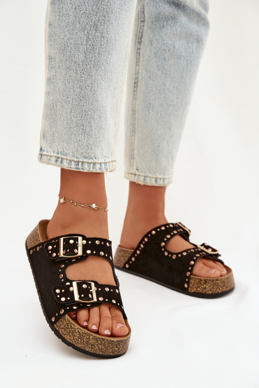 Pantofole da donna Ze colore doratomi con fibbiemi E borchie colore nero Tervina