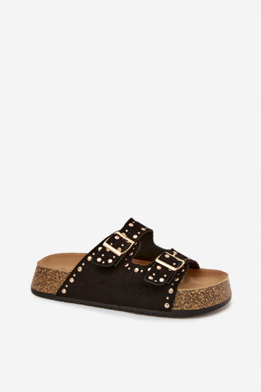 Pantofole da donna Ze colore doratomi con fibbiemi E borchie colore nero Tervina