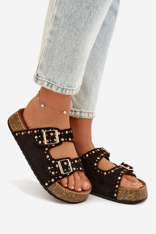 Pantofole da donna Ze colore doratomi con fibbiemi E borchie colore nero Tervina