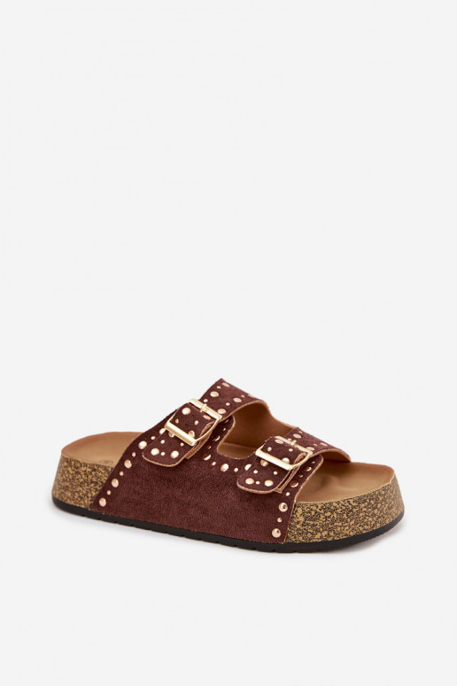 Pantofole da donna Ze colore doratomi con fibbiemi E borchie colore marrone Tervina