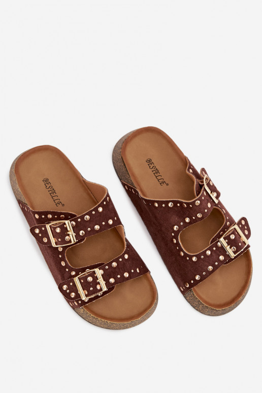 Pantofole da donna Ze colore doratomi con fibbiemi E borchie colore marrone Tervina