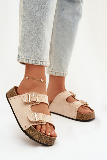 Pantofole da donna Ze colore doratomi con fibbiemi E borchie colore avorio Tervina