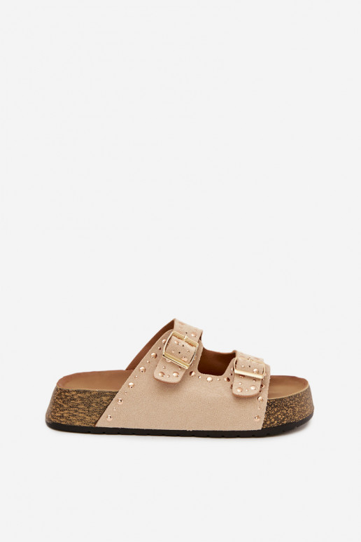 Pantofole da donna Ze colore doratomi con fibbiemi E borchie colore avorio Tervina