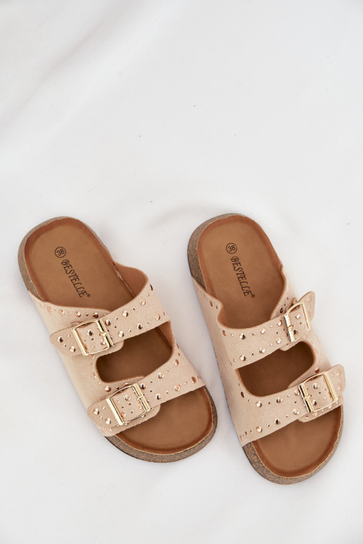 Pantofole da donna Ze colore doratomi con fibbiemi E borchie colore avorio Tervina