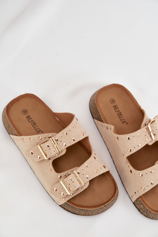 Pantofole da donna Ze colore doratomi con fibbiemi E borchie colore avorio Tervina