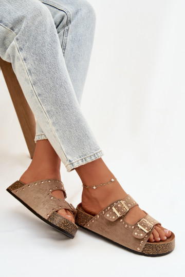 Pantofole da donna color khaki con fibbie e borchie dorate Tervina
