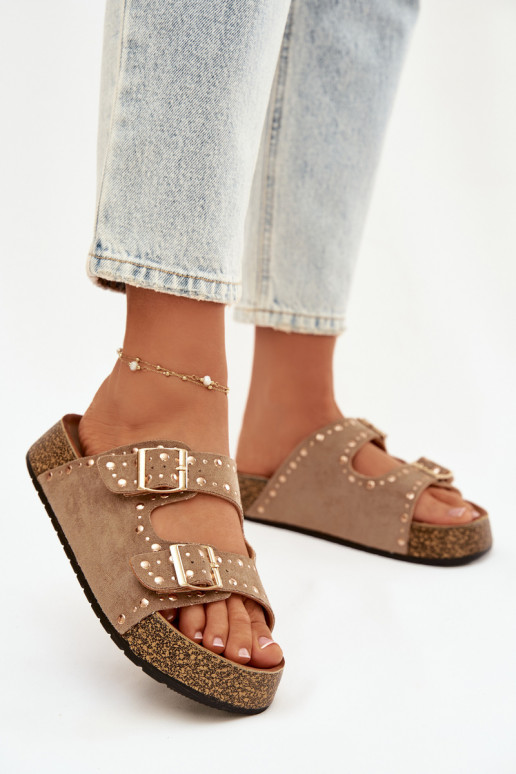 Pantofole da donna Ze colore doratomi con fibbiemi E borchie colore kaki Tervina