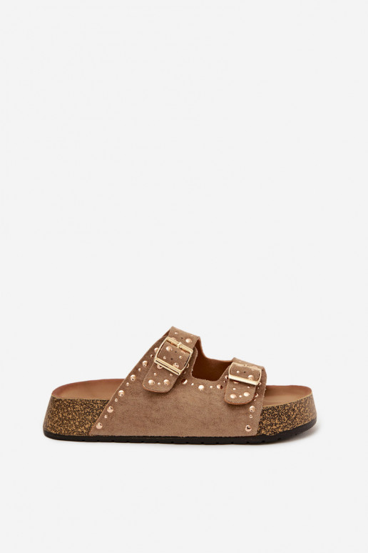 Pantofole da donna Ze colore doratomi con fibbiemi E borchie colore kaki Tervina