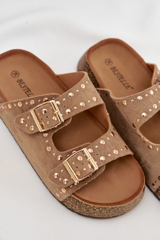 Pantofole da donna Ze colore doratomi con fibbiemi E borchie colore kaki Tervina