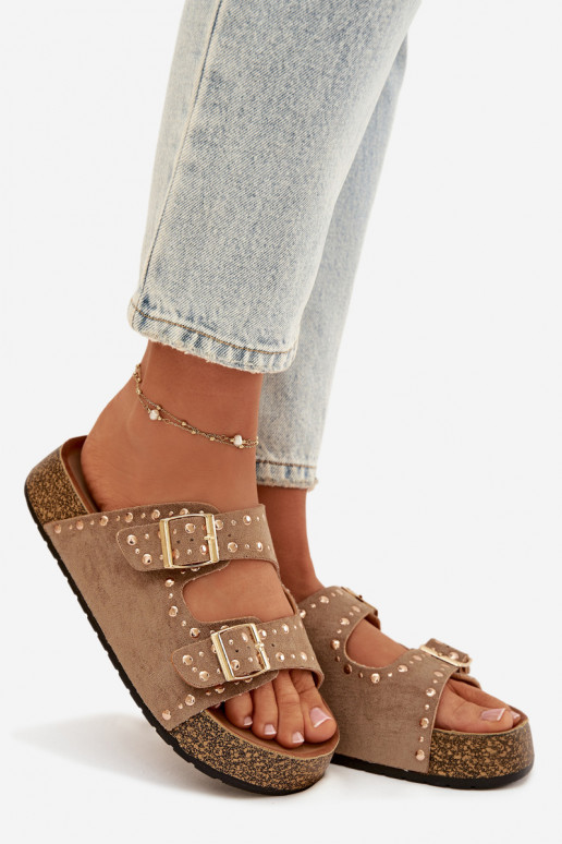 Pantofole da donna Ze colore doratomi con fibbiemi E borchie colore kaki Tervina