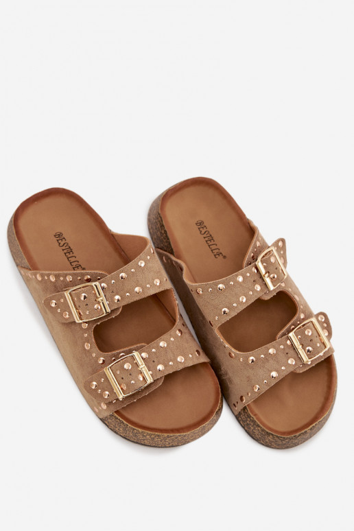 Pantofole da donna Ze colore doratomi con fibbiemi E borchie colore kaki Tervina