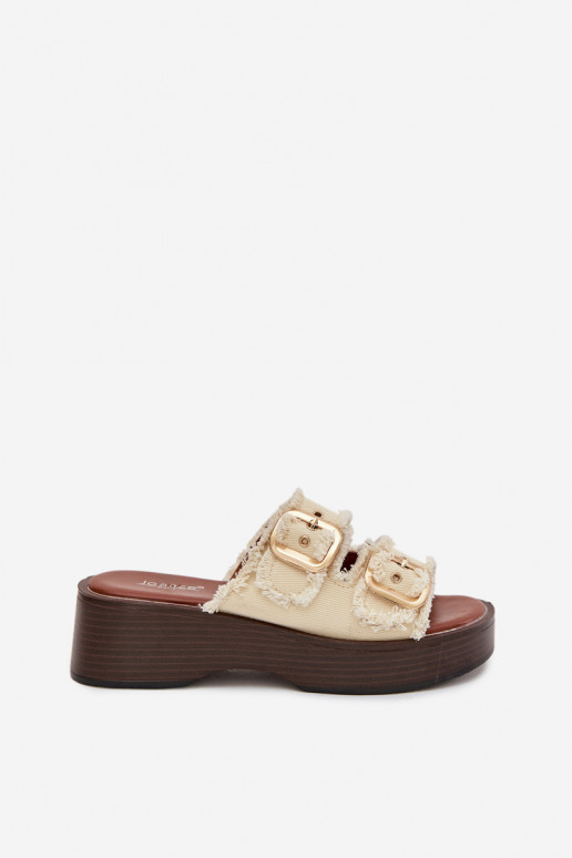 Pantofole da donna con una piattaforma Ze colore doratomi con fibbiemi colore avorio Renelisse