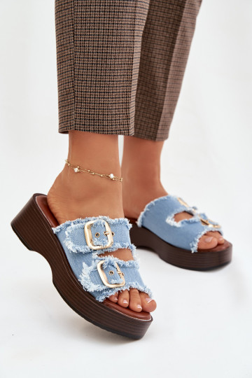 Pantofole da donna con una piattaforma Ze colore doratomi con fibbiemi colore blu Renelisse 2