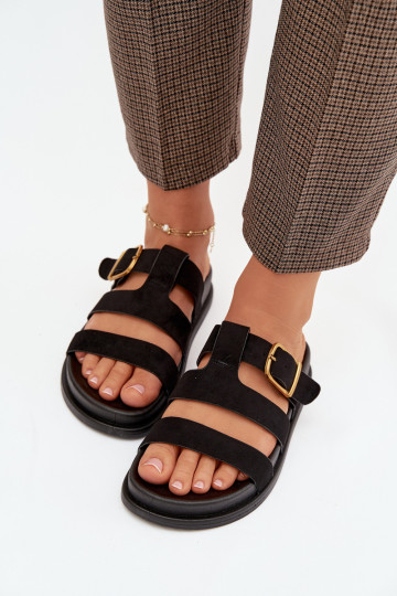 Infradito da donna con cinturini oro con fibbie color nero