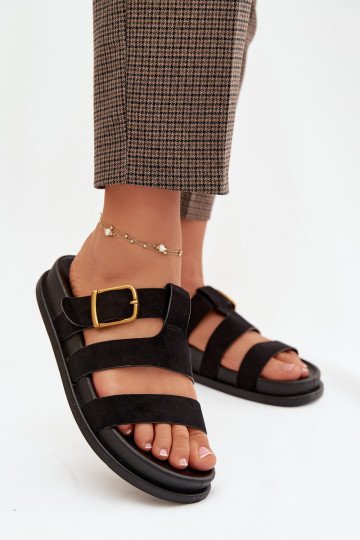 Infradito da donna con cinturini oro con fibbie color nero 2