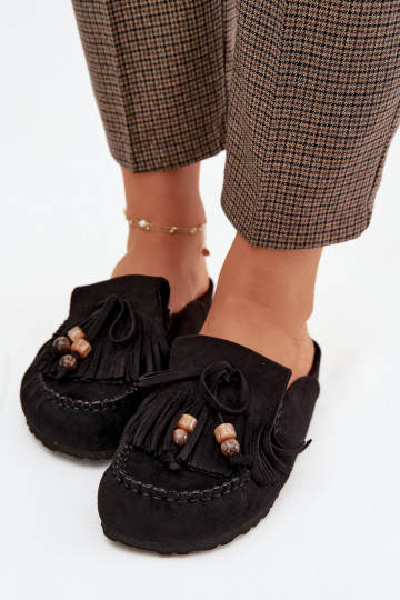 Pantofole da donna Mule con frange I colore coralloikami colore nero Belissa