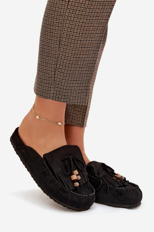 Pantofole da donna Mule con frange I colore coralloikami colore nero Belissa