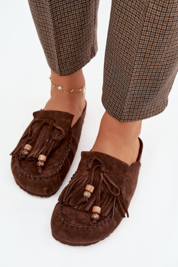 Pantofole da donna Mule con frange I colore coralloikami CzekoladoAe Belissa