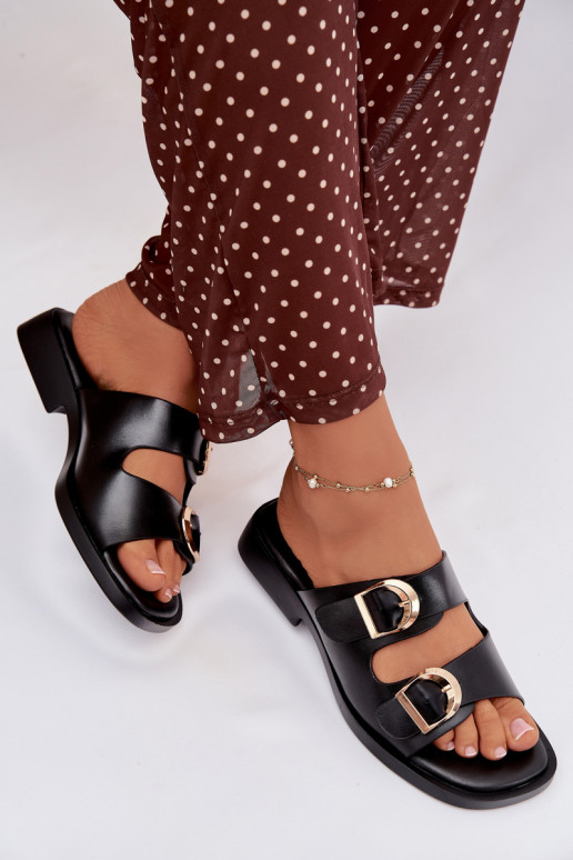 Pantofole da donna Ze colore doratomi con fibbiemi colore nero Danelle