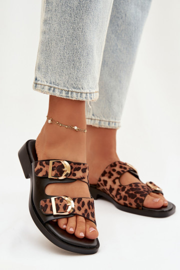 Infradito da donna color oro con fibbie in stampa leopardata color nero e marrone