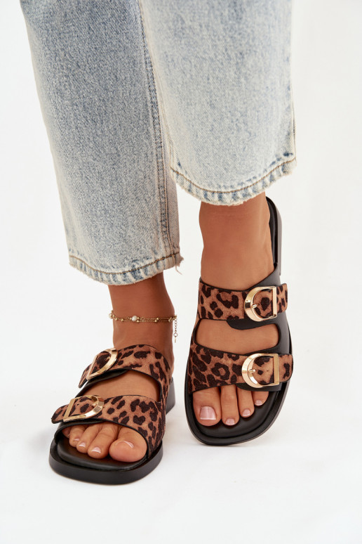 Pantofole da donna Ze colore doratomi con fibbiemi con motivi di pelliccia di leopardo nero e marrone Danelle