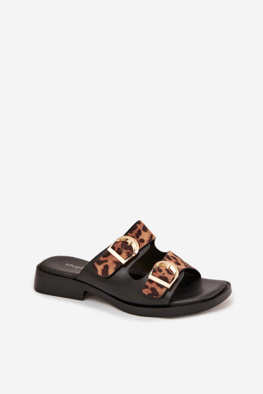 Pantofole da donna Ze colore doratomi con fibbiemi con motivi di pelliccia di leopardo nero e marrone Danelle