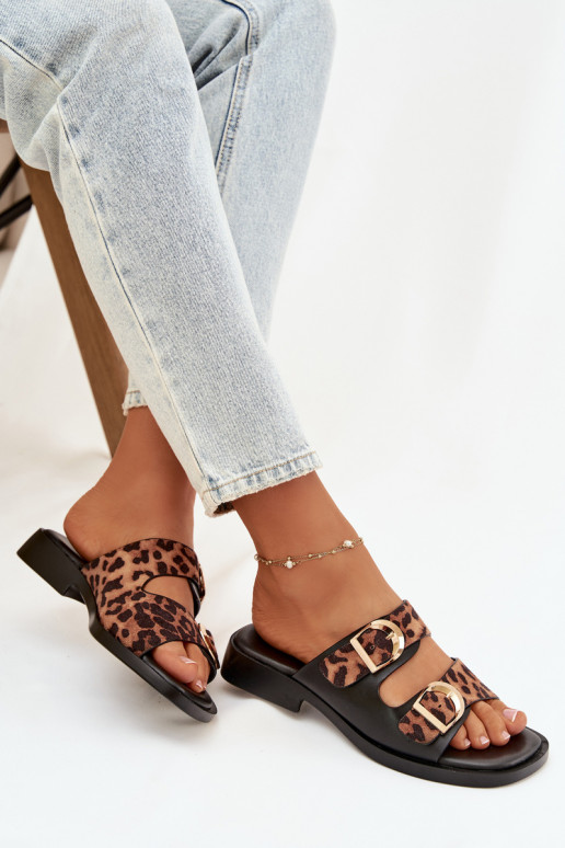 Pantofole da donna Ze colore doratomi con fibbiemi con motivi di pelliccia di leopardo nero e marrone Danelle