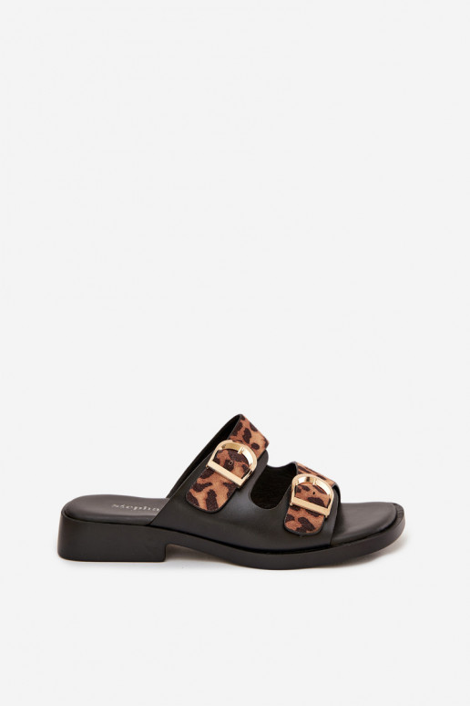 Pantofole da donna Ze colore doratomi con fibbiemi con motivi di pelliccia di leopardo nero e marrone Danelle