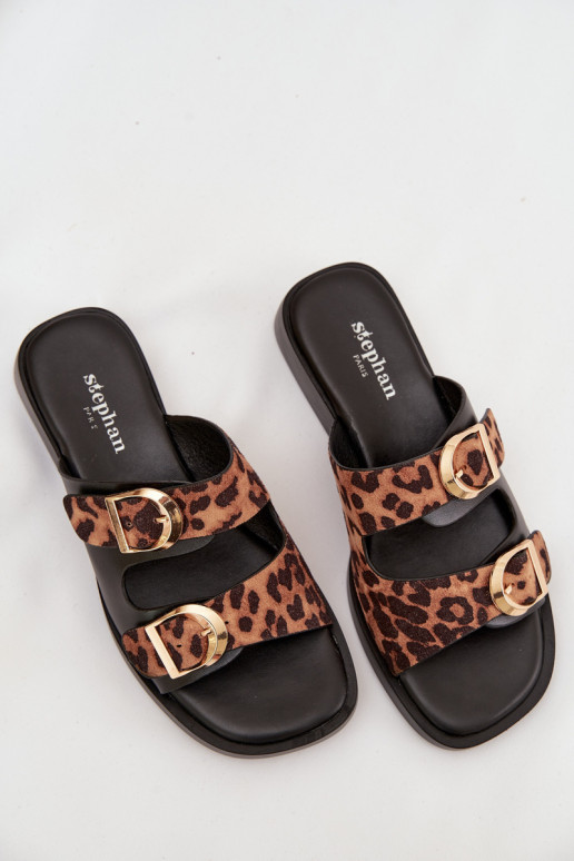 Pantofole da donna Ze colore doratomi con fibbiemi con motivi di pelliccia di leopardo nero e marrone Danelle