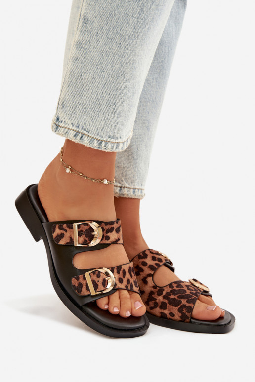 Pantofole da donna Ze colore doratomi con fibbiemi con motivi di pelliccia di leopardo nero e marrone Danelle