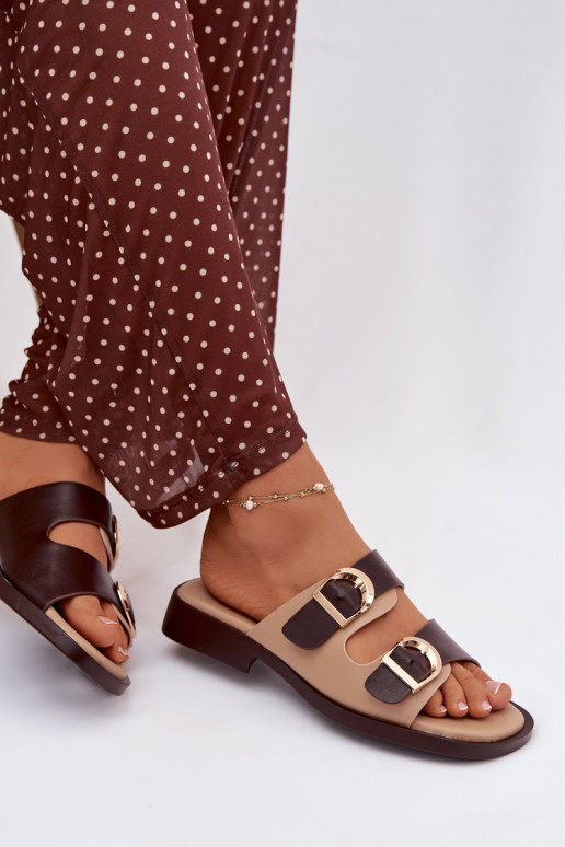 Pantofole da donna Ze colore doratomi con fibbiemi beige-colore marrone Danelle