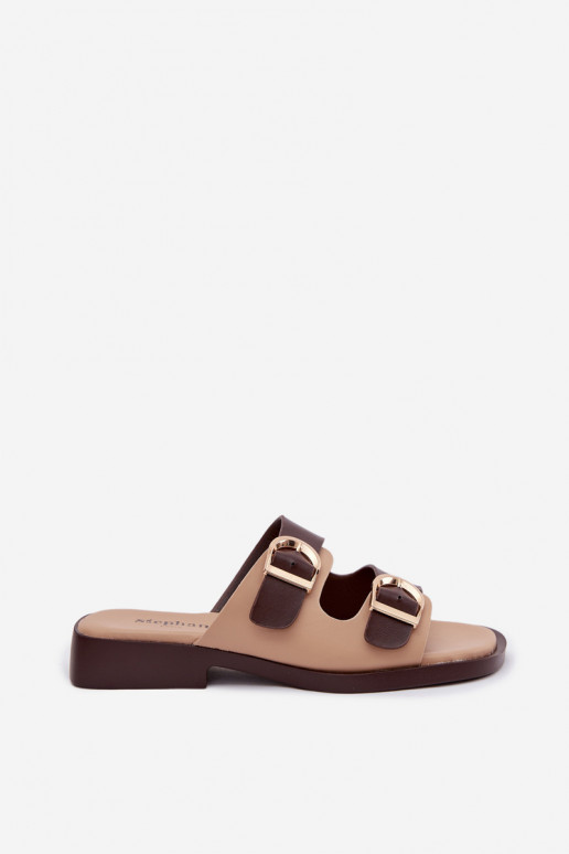 Pantofole da donna Ze colore doratomi con fibbiemi beige-colore marrone Danelle