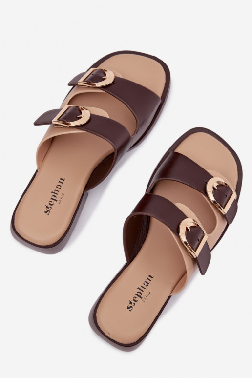 Pantofole da donna Ze colore doratomi con fibbiemi beige-colore marrone Danelle