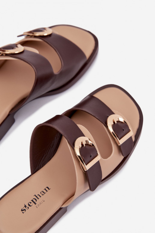 Pantofole da donna Ze colore doratomi con fibbiemi beige-colore marrone Danelle