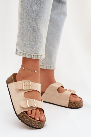 Ciabatte da donna con plateau e fibbie color oro "Tovessa" color avorio 2