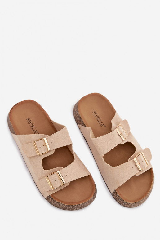 Pantofole da donna con una piattaforma Ze colore doratomi con fibbiemi colore avorio Tovessa