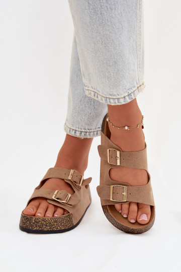 Ciabatte da donna con plateau e fibbie color oro "Tovessa" color sabbia