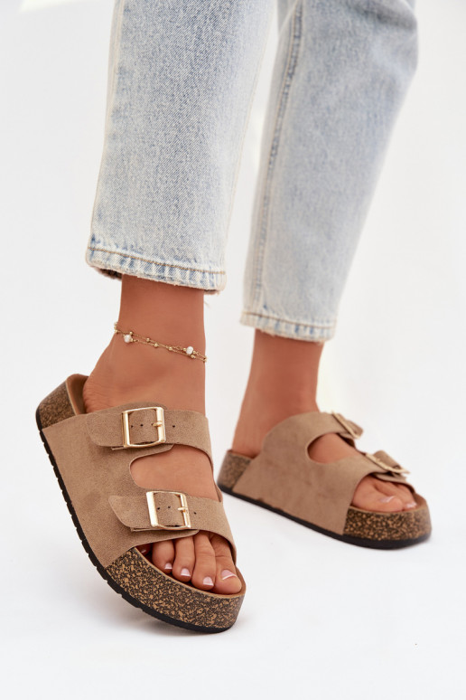 Pantofole da donna con una piattaforma Ze colore doratomi con fibbiemi beige Tovessa