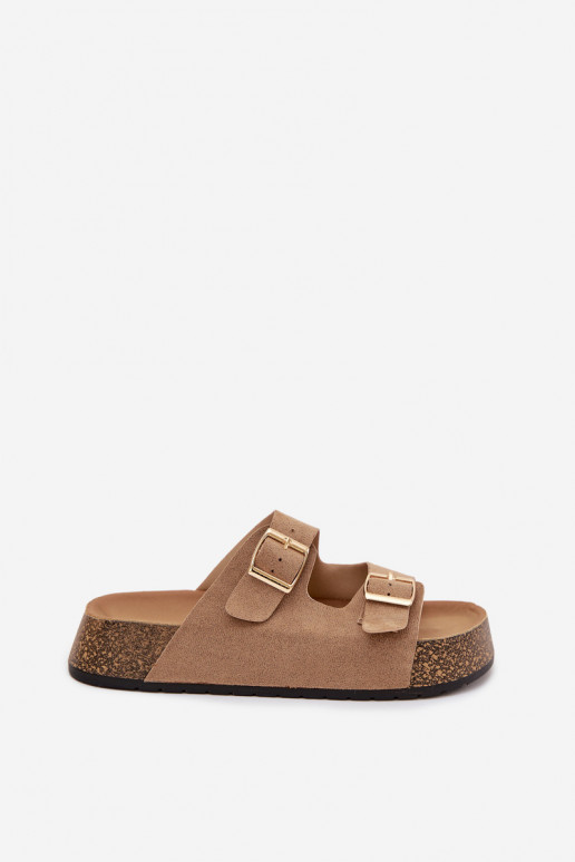 Pantofole da donna con una piattaforma Ze colore doratomi con fibbiemi beige Tovessa